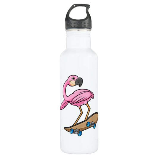 Flamingo als Skater mit Skateboard Edelstahlflasche (Vorderseite)
