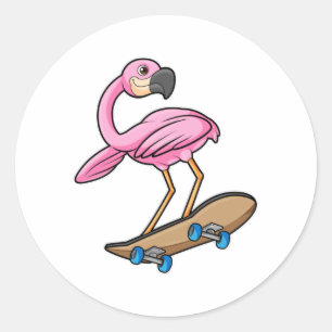 Flamingo als Skater mit Skateboard Runder Aufkleber