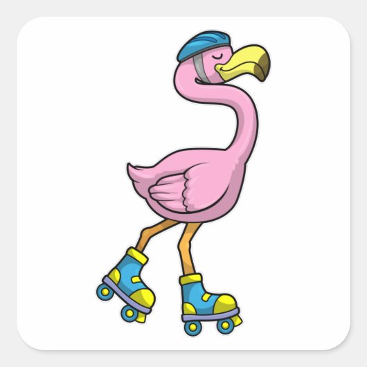 Flamingo als Skater mit Skaten & Helmet Quadratischer Aufkleber (Vorderseite)
