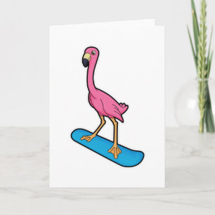 Flamingo als Snowboarder mit Snowbaord Karte