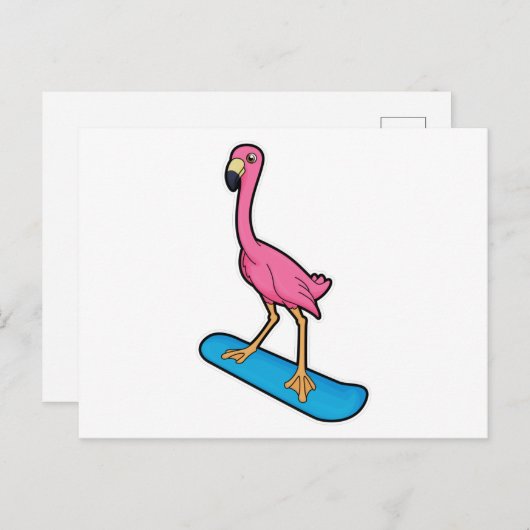 Flamingo als Snowboarder mit Snowbaord Postkarte (Vorne/Hinten)