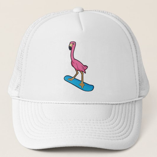 Flamingo als Snowboarder mit Snowbaord Truckerkappe (Vorderseite)