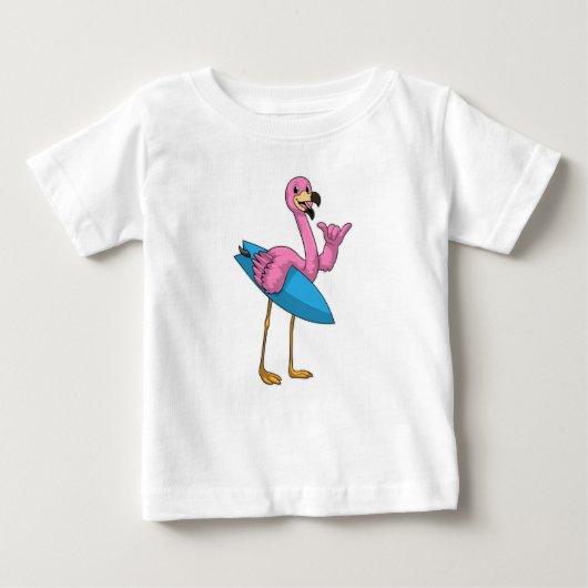 Flamingo als Surfer mit Surfboard Baby T-shirt (Vorderseite)