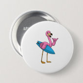 Flamingo als Surfer mit Surfboard Button (Vorne & Hinten)