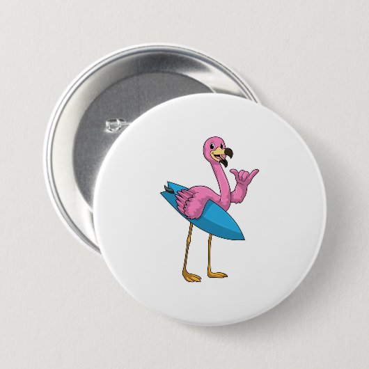 Flamingo als Surfer mit Surfboard Button (Vorne & Hinten)