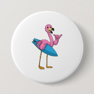 Flamingo als Surfer mit Surfboard Button