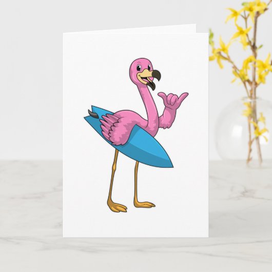 Flamingo als Surfer mit Surfboard Karte (Gelbe Blume)