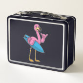 Flamingo als Surfer mit Surfboard Metall Brotdose (Rückseite)