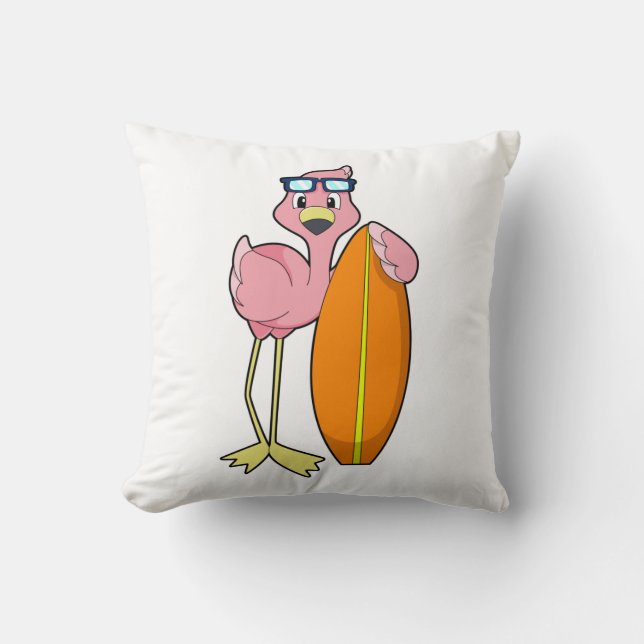 Flamingo als Surfer mit Surfboard.PNG Kissen (Vorderseite)