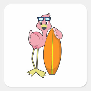Flamingo als Surfer mit Surfboard.PNG Quadratischer Aufkleber