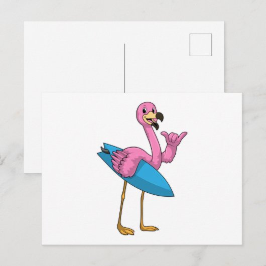 Flamingo als Surfer mit Surfboard Postkarte (Vorne/Hinten)