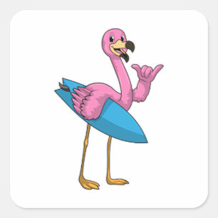 Flamingo als Surfer mit Surfboard Quadratischer Aufkleber