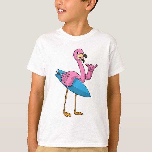 Flamingo als Surfer mit Surfboard T-Shirt (Vorderseite)