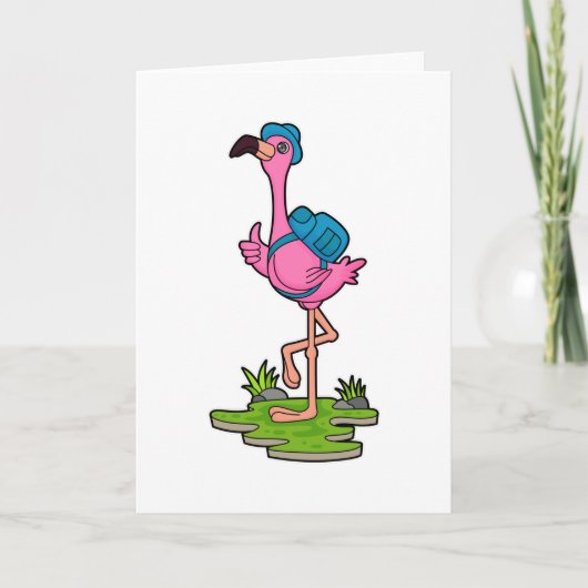 Flamingo als Wanderer mit Rucksack Karte (Vorderseite)