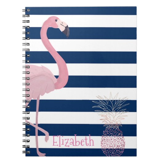 Flamingo, Ananas Navy Blue Stripes Personalisiert Notizblock (Vorderseite)