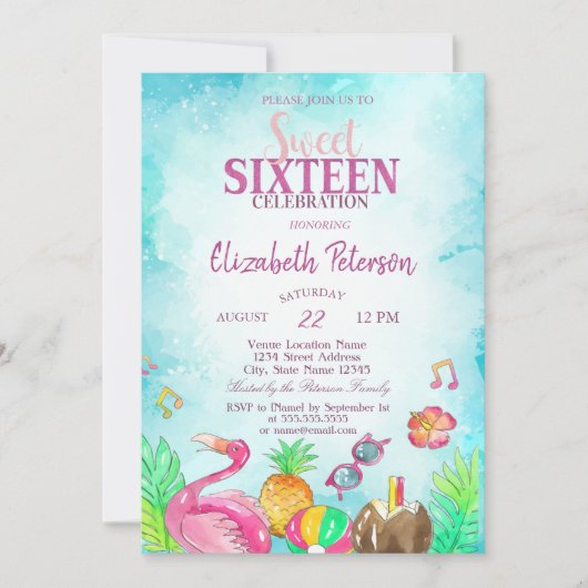 Flamingo Ananas Sommer Pool Sweet 16 Einladung (Vorderseite)