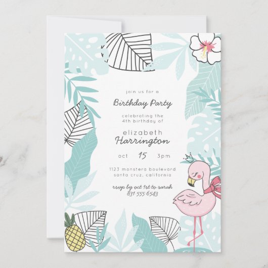 Flamingo, Ananas und Hibiskus Tropischer Geburtsta Einladung (Vorderseite)