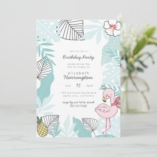 Flamingo, Ananas und Hibiskus Tropischer Geburtsta Einladung (Stehend Vorderseite)