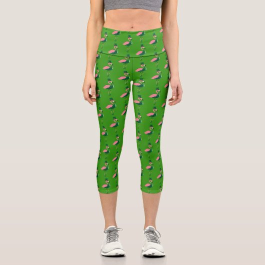 Flamingo Animal Green St Patrick's Day Capri Leggings (Vorderseite)