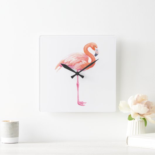 Flamingo-Aquarell Quadratische Wanduhr (Zuhause)