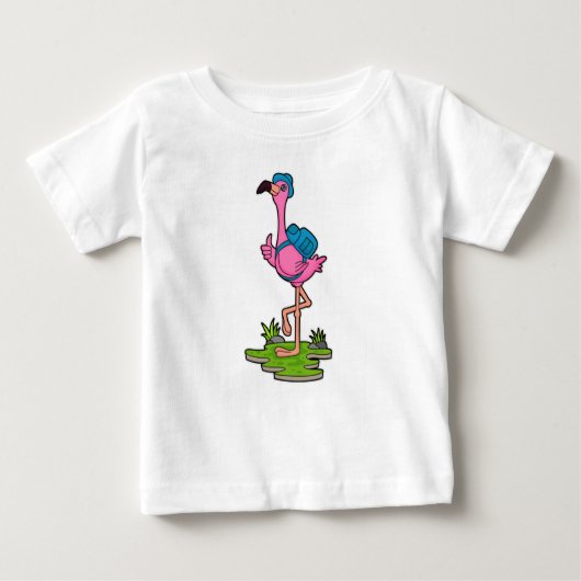 Flamingo as Hiker with Backpack Baby T-shirt (Vorderseite)