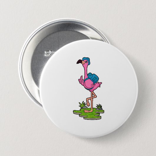 Flamingo as Hiker with Backpack Button (Vorne & Hinten)