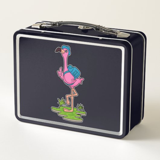 Flamingo as Hiker with Backpack Metall Brotdose (Rückseite)