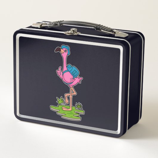 Flamingo as Hiker with Backpack Metall Brotdose (Vorderseite)