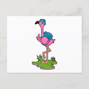 Flamingo as Hiker with Backpack Postkarte