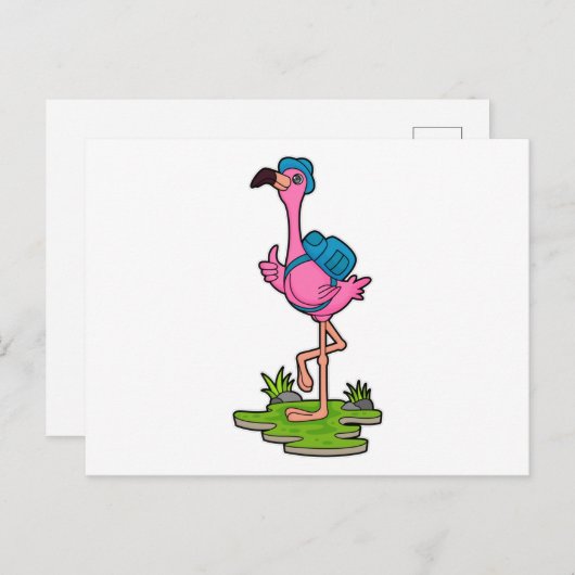 Flamingo as Hiker with Backpack Postkarte (Vorne/Hinten)
