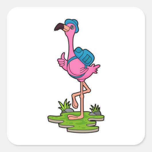 Flamingo as Hiker with Backpack Quadratischer Aufkleber (Vorderseite)