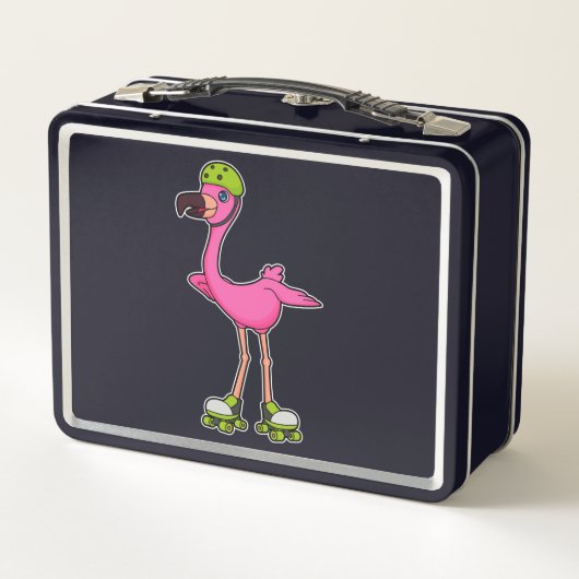 Flamingo as Skater with Roller skates & Helmet Metall Brotdose (Rückseite)