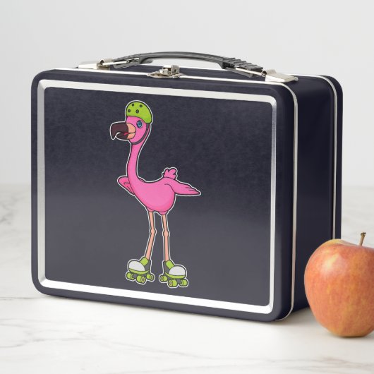 Flamingo as Skater with Roller skates & Helmet Metall Brotdose (Beispiel)