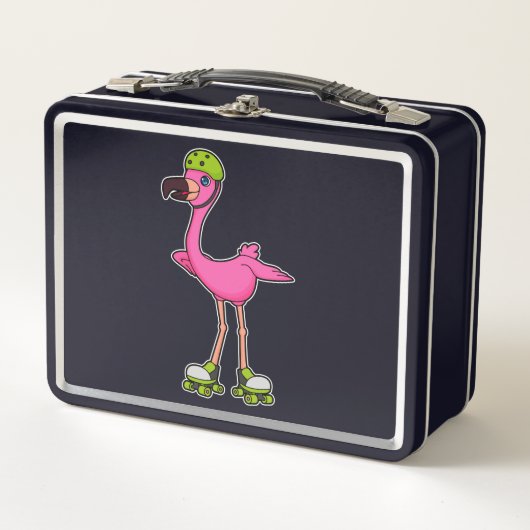 Flamingo as Skater with Roller skates & Helmet Metall Brotdose (Vorderseite)