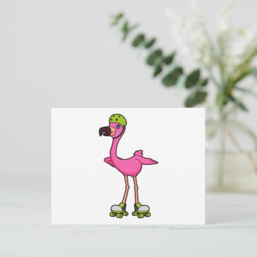 Flamingo as Skater with Roller skates & Helmet Postkarte (Stehend Vorderseite)