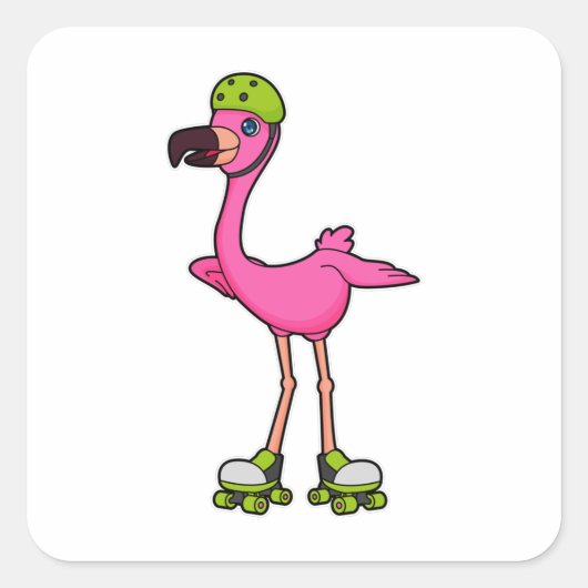 Flamingo as Skater with Roller skates & Helmet Quadratischer Aufkleber (Vorderseite)