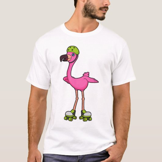 Flamingo as Skater with Roller skates & Helmet T-Shirt (Vorderseite)