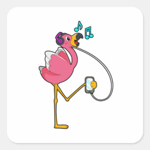 Flamingo at Music with Headphone Quadratischer Aufkleber