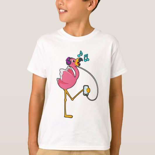 Flamingo at Music with Headphone T-Shirt (Vorderseite)