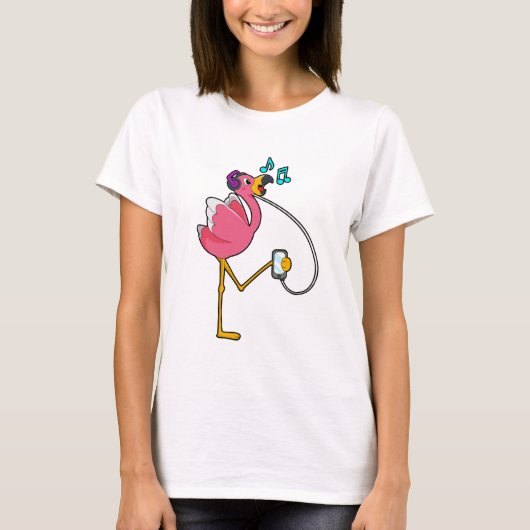 Flamingo at Music with Headphone T-Shirt (Vorderseite)