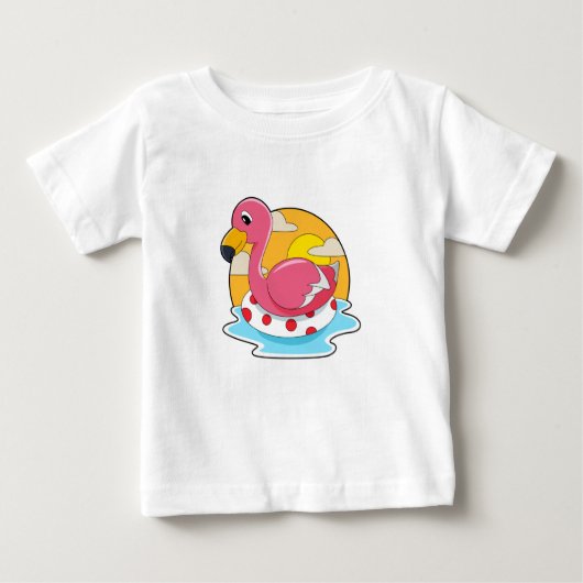 Flamingo at Swimming with Lifebuoy Baby T-shirt (Vorderseite)