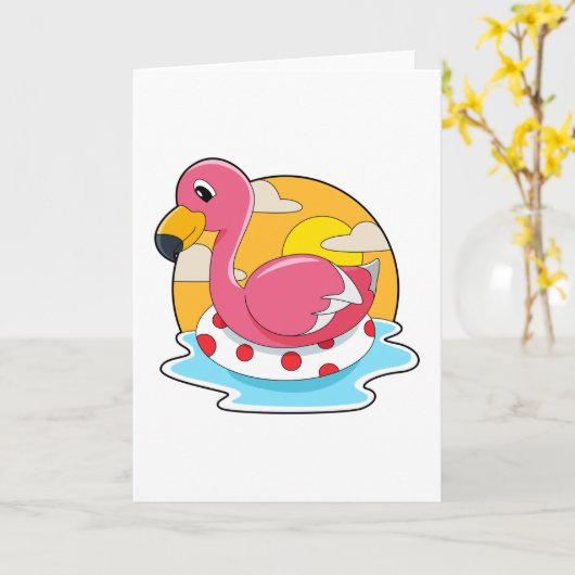 Flamingo at Swimming with Lifebuoy Karte (Gelbe Blume)