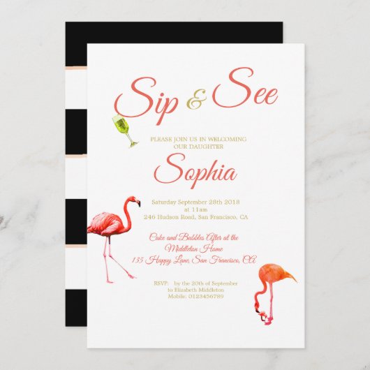 Flamingo Baby Black Strip Sip und sehen Einladung (Vorne/Hinten)
