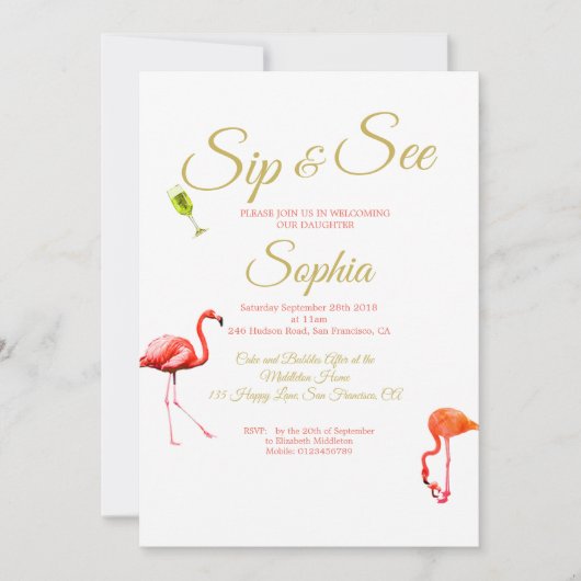 Flamingo Baby Blue Strip Sip und See Einladung (Vorderseite)