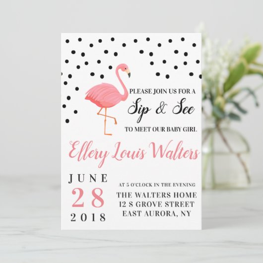 Flamingo Baby Girl Sip und sehen Sie Einladung (Stehend Vorderseite)