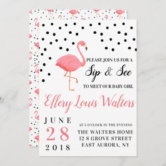 Flamingo Baby Girl Sip und sehen Sie Einladung (Vorne/Hinten)