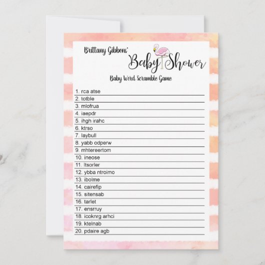 Flamingo Baby Shower Baby Word Scramble Game Einladung (Vorderseite)