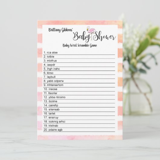 Flamingo Baby Shower Baby Word Scramble Game Einladung (Stehend Vorderseite)