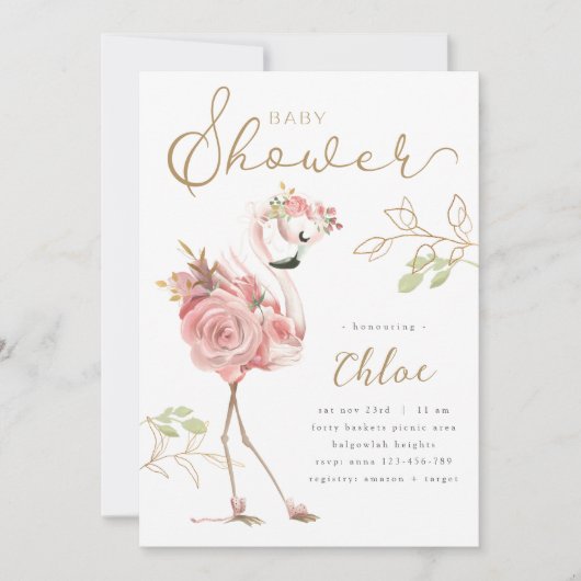 Flamingo Babydusche, moderne, floralrosa Flamingo Einladung (Vorderseite)