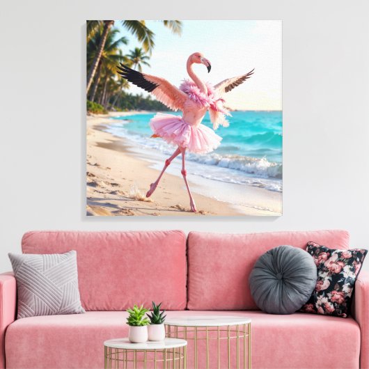 Flamingo Ballerina In a Pink Tutu On the Beach Leinwanddruck (Insitu (Wohnzimmer))